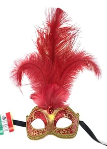 RED VENETIAN HALLOWEEN MASKS DECORATIVE FEATHER COSTUME MASK Made in Italy - Picture 1 of 3