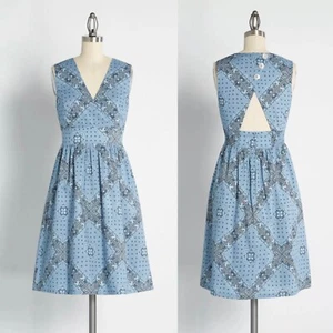 Modcloth Women's Large Blue Taming the Wild Flame Fit N' Flare Dress Sleevelesss - Picture 1 of 14