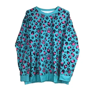 Pixie Lady Womens 1X Top Green Long Sleeve Round Neck Stretch Paw Prints NEW - Picture 1 of 5