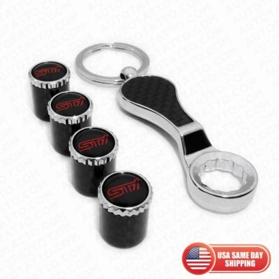 Fit STI Real Carbon Fiber Car Wheel Tire Air Valve Stem Caps Cover Keychain Ring - Image 1 of 4