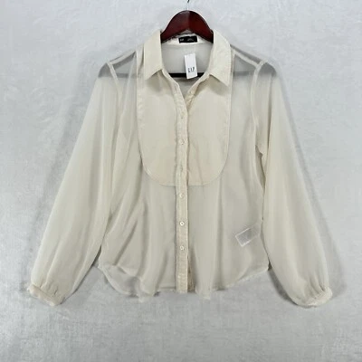 GAP Shirt Womens XS Ivory Button Up Chiffon Velvet Trim Sheer Blouse Feminine - Image 1 of 4