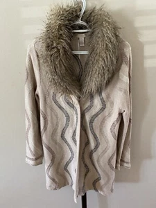 Chicos Women Long Cardigan Sweater Sz 1 SM Faux Fur Collar Brown Striped Boho - Picture 1 of 11