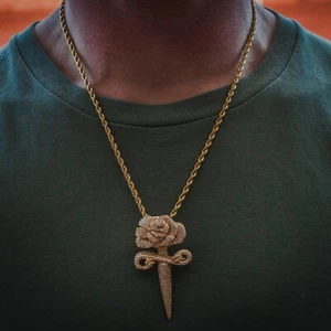 18k Yellow Gold Diamond Tennis Chain w Rose Dagger Sword Choker Necklace Pendant - Picture 1 of 6