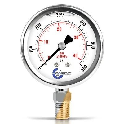2.5" LIQUID FILLED PRESSURE GAUGE 0 - 600 PSI, STAINLESS STEEL CASE LOWER MOUNT - Image 1 of 4