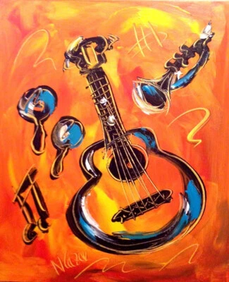 M.Kazav 古巴吉他现代绘画画布原油 Nu6Ou — 第 1/4 张图片