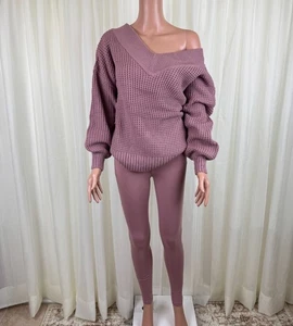 Conjunto de suéter y leggings Zenana de dos piezas con cuello en V rosa polvoriento mediano para mujer - Imagen 1 de 8