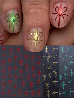 Christmas Bow Nail Stickers Metallic Gold Red Green Gift Wrap Design DIY SWA147 - Image 1 of 4