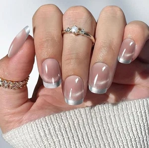 Silver French Tip Press on Nails Short Square Cat Eye Fake Nails with Glue Flex - Picture 1 of 3