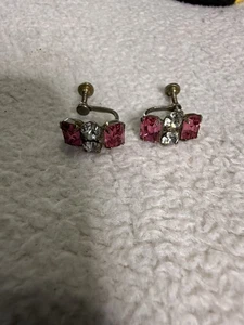 Vintage Ohrringe rosa Strass Schraubverschluss Mid Century Glitzer Modeschmuck - Bild 1 von 9