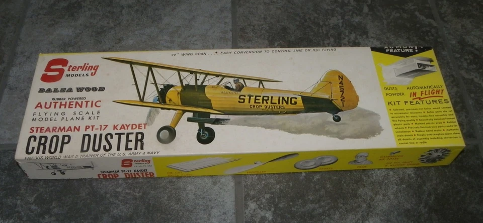 Vtg 1963 Sterling Stearman PT-17 Kaydet Crop Duster Balsa Wood Model Kit - Image 1 of 4