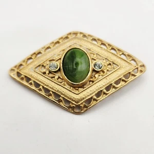 Vintage Brosche goldfarben Diamantform grüner Stein Cabochon Strass Akzent - Bild 1 von 3