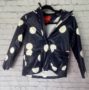 JOE FRESH BRAND MARINEBLAU/WEISS GEPUNKTET GRÖSSE 7/8 KINDER REGENMANTEL REISSVERSCHLUSS/DRUCKKNOPF KAPUZE TASCHEN - Bild 1 von 3