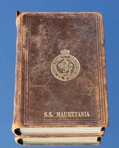 CUNARD LINE RMS MAURETANIA C-1910 ISSUED ONBOARD ORIGINAL RARE HOLY BIBLE - Foto 1 di 10