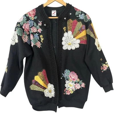 Cárdigan Suéter Para Mujer De Colección JERZEES Hecho a Mano Pintado Acolchado Encaje Floral Años 90 XL Foto 1 de 4