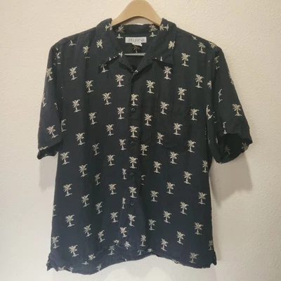 Feldini Men’s L Silk Blend Palm Tree Shirt Navy Island Vibe Resort Travel Casual - Image 1 of 4