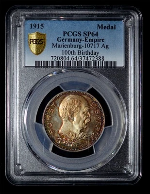 PCGS SP64 1915 ALEMANIA Imperio Centenario del Nacimiento de Bismarck Medalla de Plata Top POP Foto 1 de 4