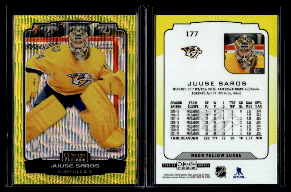 2022-23 O-Pee-Chee Platinum Neon Yellow Surge #177 Juuse Saros - Image 1 of 1