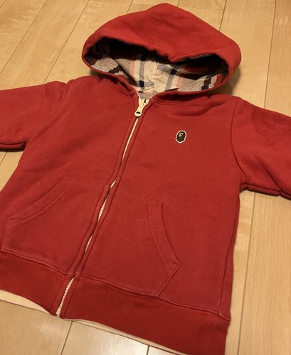 A BATHING APE (BAPE) Felpa con cappuccio reversibile A BATHING APE BAPE KIDS 110 manica lunga rosso marrone check cotone