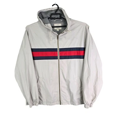 Chaqueta con Capucha Para Hombre Impermeable Vintage Gris y Rojo Azul Rayas Cremallera Completa Talla XL Foto 1 de 4