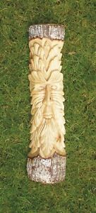 Green Man Leaf Half Log Statue - Wood Hand Carved Decorative Garden Ornament