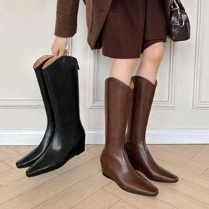Mujeres Moda Cuero Puntera Cuadrada Oculta Cuña Cremallera Media Pantorrilla Botas Zapatos OKQM - Imagen 1 de 14