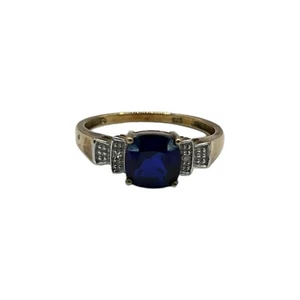 9ct 9K Yellow Gold Created Blue Sapphire And Diamonds Ladies Ring Size O1/2. New - Picture 1 of 13