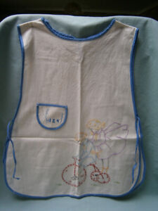 GIRL'S ANTIQUE EMBROIDERED PINAFORE / APRON - CHILDREN RIDING BIKE