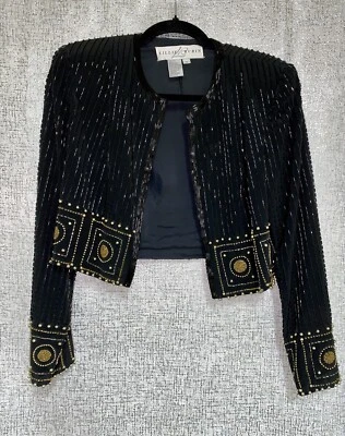 Blazer de mujer Lillie Rubin seda vintage forrado en negro y dorado con cuentas talla 8 Foto 1 de 4