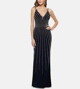 XSCAPE Vestido Formal de Noche Profunda para Mujer Espagueti Correa Vaina con Cuentas Talla 4 - Imagen 1 de 2