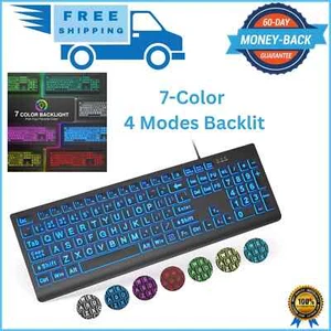 SABLUTE Large Print Backlit Keyboard, Wired USB Lighted Computer Keyboards wi... - Picture 1 of 10