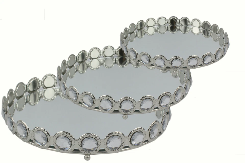 Deko Spiegeltablett Runder Spiegel Kronenrand Strassseine Tischspiegel Silber - Bild 1 von 4