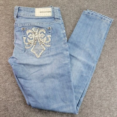 Jeans ajustados Affliction Raquel talla 29 negros premium flor de lis azul ajuste 32x311/2 Foto 1 de 4