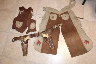 CHILD'S CHAPS VEST COWBOY OUTFIT SET DRESS UP PLAY REAL LEATHER w/CAP GUNS - Image 1 of 4