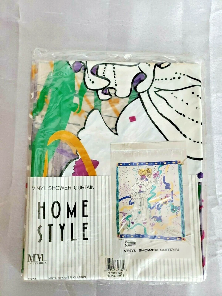 Cortina de ducha de vinilo vintage Maytex Mills Mardi Gras payasos de Nueva Orleans nueva en paquete Foto 1 de 2