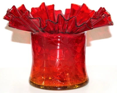 BLENKO Amberina Crackle Glass Vase Ruffle Edge HAT - Red to Yellow bottom - Image 1 of 4