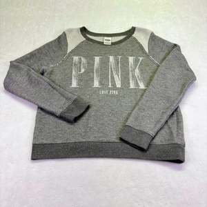 PINK VS Victorias Secret LOVE PINK Raglan Logo Crewneck Sweatshirt Gray Size M - Picture 1 of 8