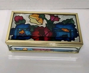 Vintage Cut Stained Glass Trinket Jewelry Box Display Case Mirror Ornate Floral - Picture 1 of 18