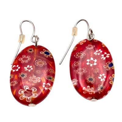 Murano Millefiori Glass Earrings Red Oval Dangle Italy Handmade Venetian Art - Image 1 of 4