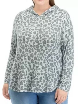 For the Republic Leopard Print Kangaroo Pocket Hoodie Top High Low Plus Size 2X - Image 1 of 4