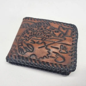 Fish Tooled Leather Wallet Bass Mexican Stitched Handmade Brown Distressed Vtg - Picture 1 of 8