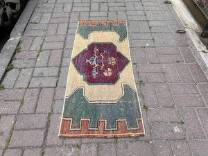 VINTAGE ART DECO HANDGEKNÜPFT STAMMESWOLLE HANDARBEIT TÜRKISCH BAD TÜRMATTE TEPPICH - Bild 1 von 10