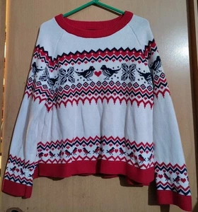 Maglione ModCloth donna XL vacanze Natale fiera isola stampa uccellino cuore bianco - Foto 1 di 6