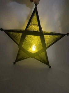 Moroccan Boho Celestial Star Stained Glass Hanging Candle Tea Light HolderYellow - Picture 1 of 12