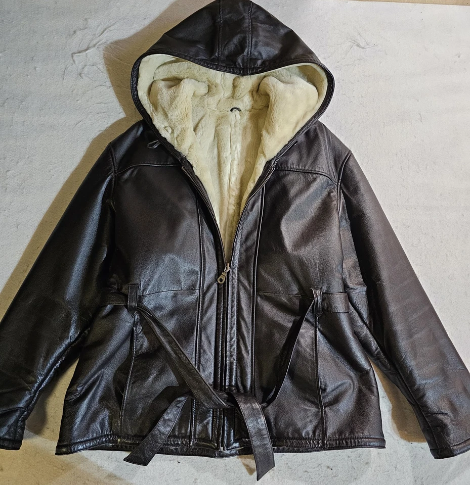 Wilson's 100% Leather Jacket Faux Fur Lined Hooded Full Zip Black Womens Size XL - Image 1 of 4