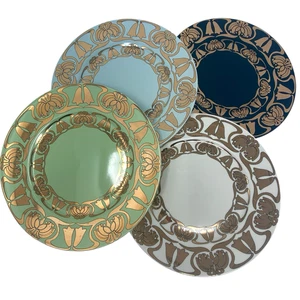 Anthropologie x Met Steinzeug Dessertteller 8" Blau Grün Türkis Gold 4er Set - Bild 1 von 10