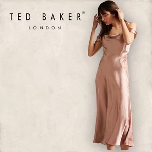Ted Baker Damen Altrosa Esta Schulterfreies Midi-Schlupfkleid Größe 4 UK 14 Neu mit Etikett - Bild 1 von 7