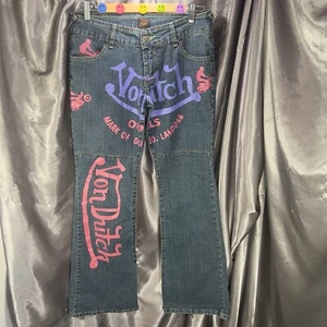 VTG Von Dutch Women’s 12 Flare Jeans Signature Painted Denim Logo Moto Spellout - Picture 1 of 13