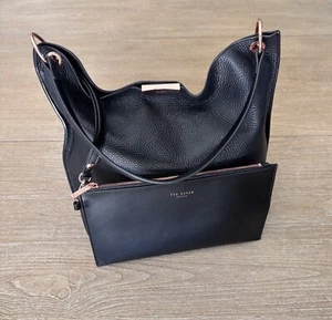 TED BAKER Shoulder Hobo Bag Candiee Tote & Zip Pouch Detachable Black Leather - Picture 1 of 18
