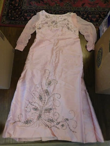 Vtg 1950s Pink Silk Fibre Evening Gown Rhinestones Faux Pearl Gauze Sleeves FAB! - Picture 1 of 12