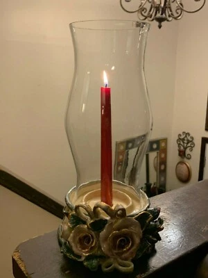 Clear Glass Hurricane Shade Globe Oil Lamp Sitting On Ceramic Floral Base - Image 1 of 4